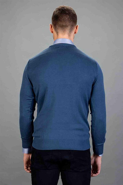 Slim Fit V-Neck Cotton Men's Petrol Sweater