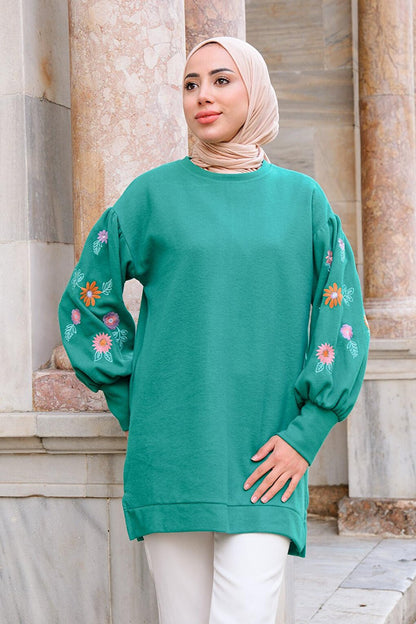 Floral Embroidered Crew Neck Sweatshirt Green