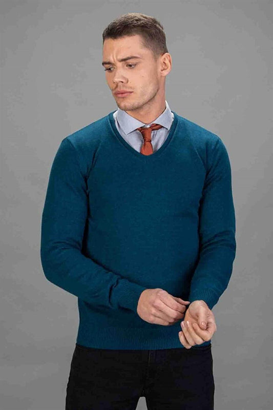 Slim Fit V-Neck Cotton Men's Petrol Sweater