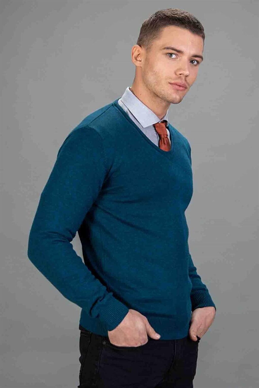 Slim Fit V-Neck Cotton Men's Petrol Sweater