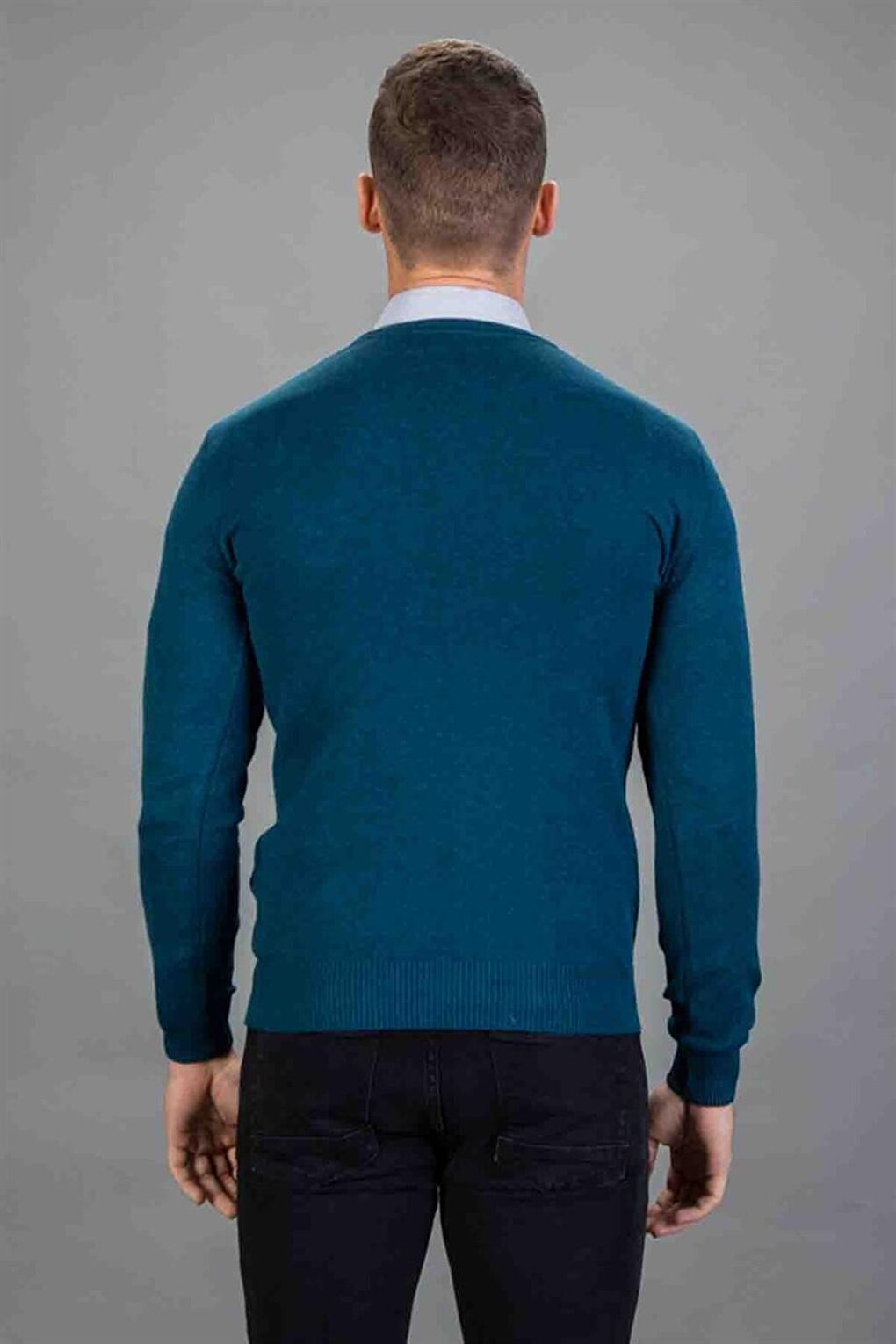 Slim Fit V-Neck Cotton Men's Petrol Sweater