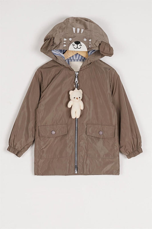 Boy's Beige Hooded Zippered Teddy Bear Raincoat