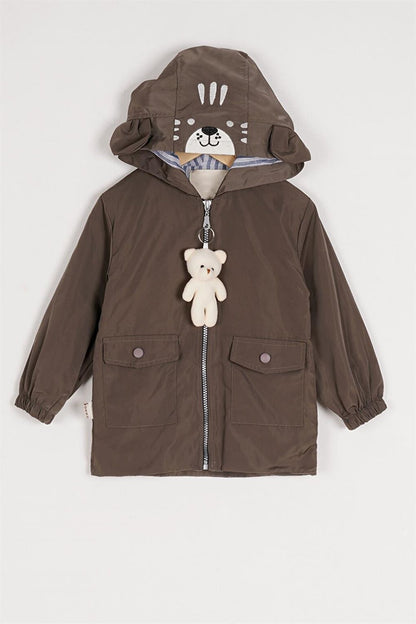 Boy's Brown Colored Hooded Zippered Teddy Bear Raincoat