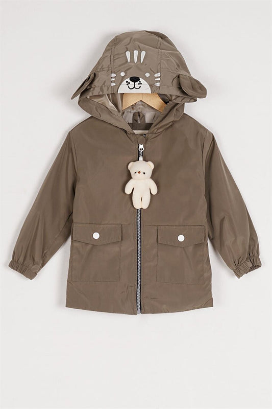 Boy's Khaki Colored Hooded Zippered Teddy Bear Raincoat