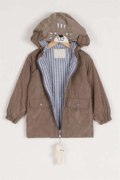 Boy's Beige Hooded Zippered Teddy Bear Raincoat