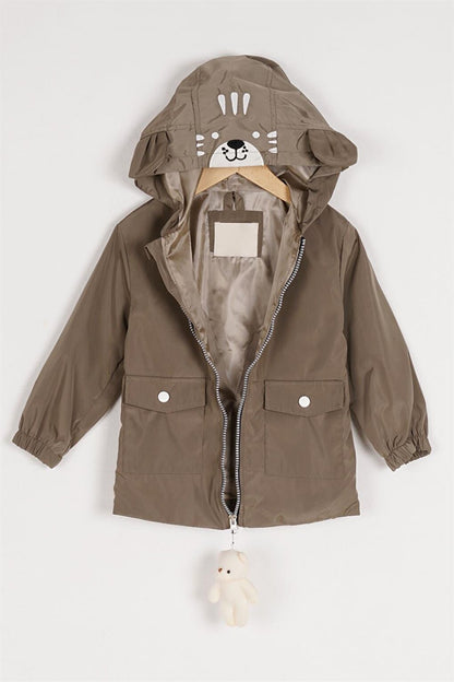 Boy's Khaki Colored Hooded Zippered Teddy Bear Raincoat