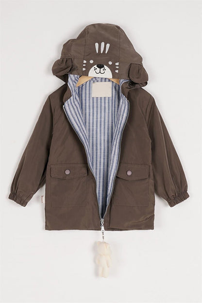 Boy's Brown Colored Hooded Zippered Teddy Bear Raincoat