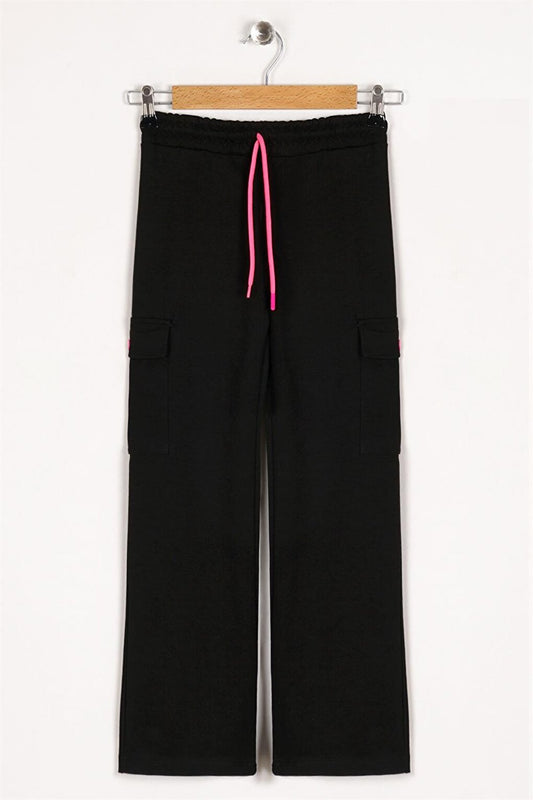 Girl's Black Colored Cargo Pocket Wide Leg Sweatpants