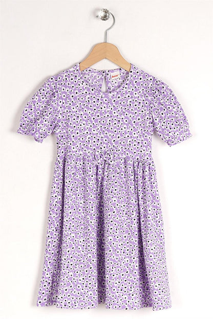 Girl's Floral Lilac Colored Patterned Crew Neck Ribbon Detail Dress