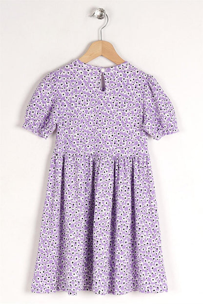 Girl's Floral Lilac Colored Patterned Crew Neck Ribbon Detail Dress