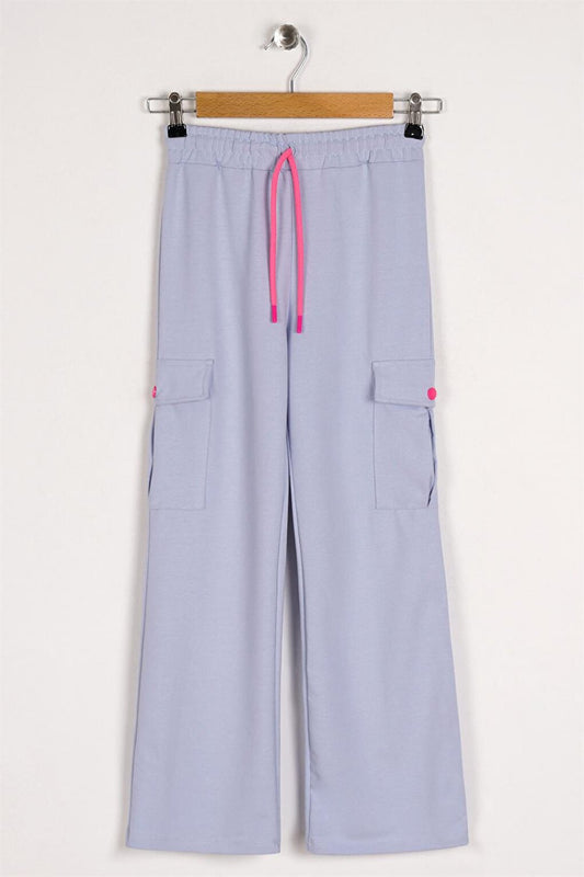 Girl's Blue Colored Cargo Pocket Wide Leg Sweatpants