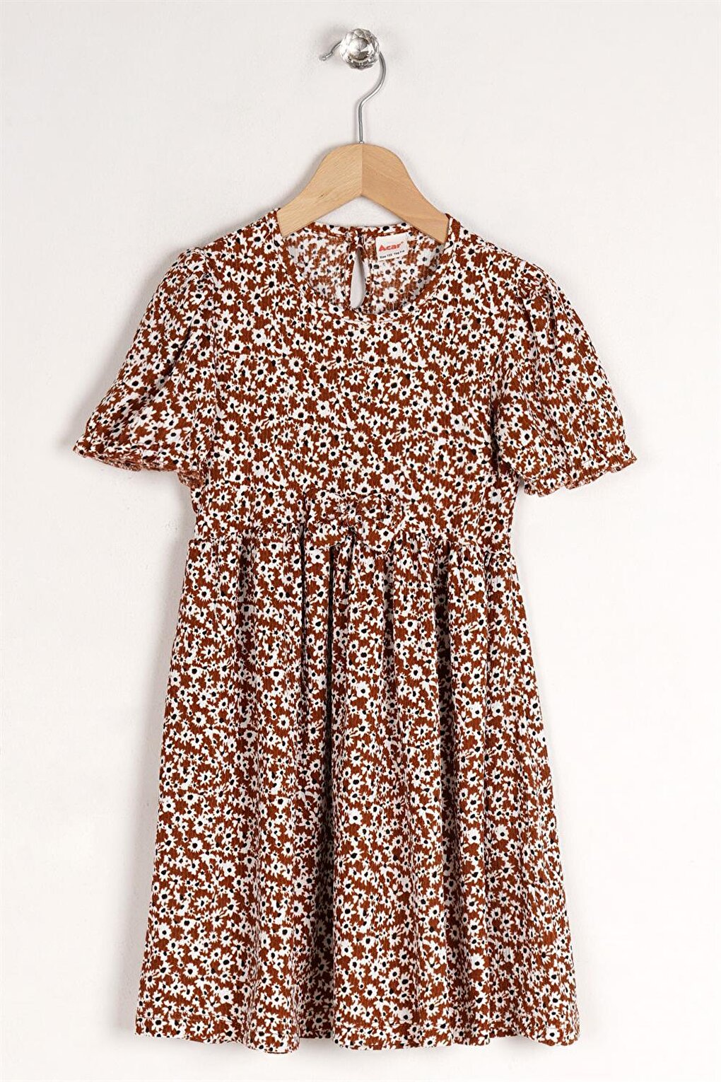 Girl's Floral Light Brown Colored Patterned Crew Neck Ribbon Detail Dress