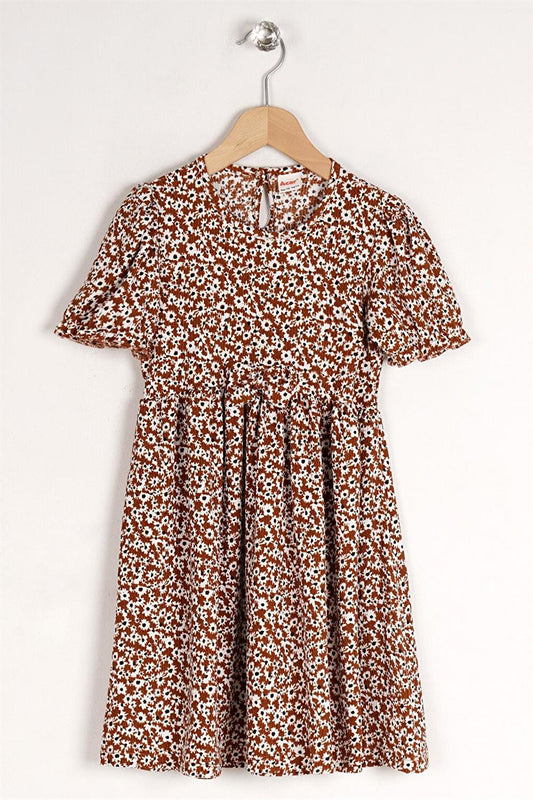 Girl's Floral Light Brown Colored Patterned Crew Neck Ribbon Detail Dress