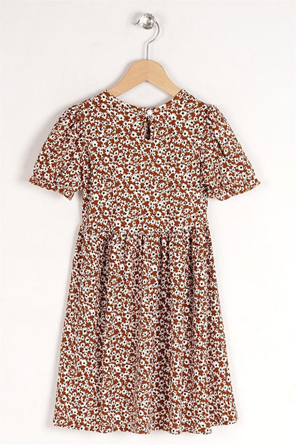 Girl's Floral Light Brown Colored Patterned Crew Neck Ribbon Detail Dress