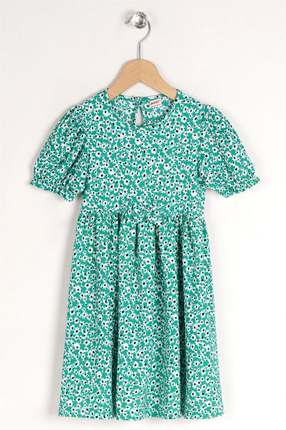 Girl's Floral Green Colored Patterned Crew Neck Ribbon Detail Dress