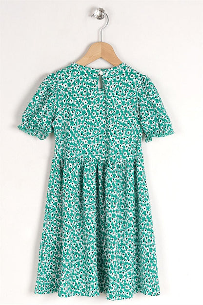 Girl's Floral Green Colored Patterned Crew Neck Ribbon Detail Dress