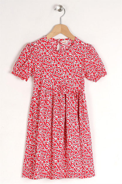 Girl's Floral Red Color Patterned Crew Neck Ribbon Detail Dress