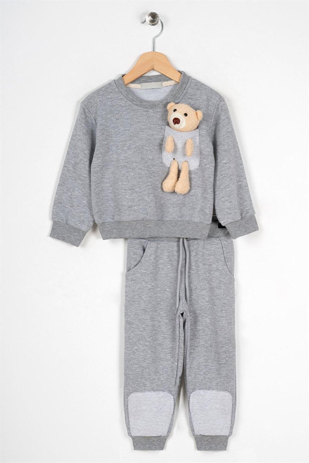 Boy's Gray Colored Teddy Bear Pocket Patched Tracksuit Set