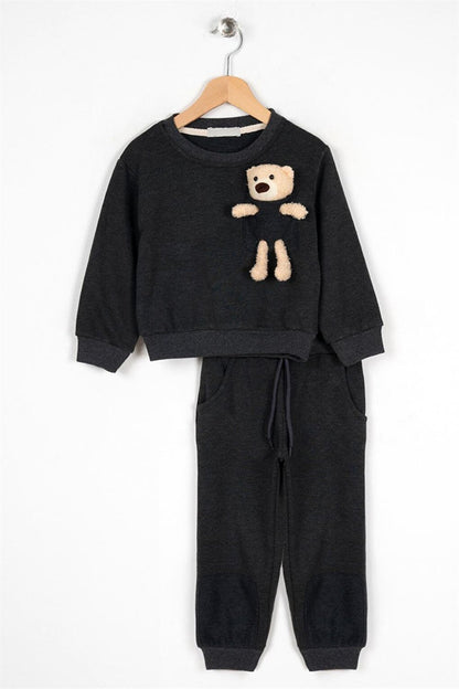 Boy's Black Colored Teddy Bear Pocket Patched Tracksuit Set