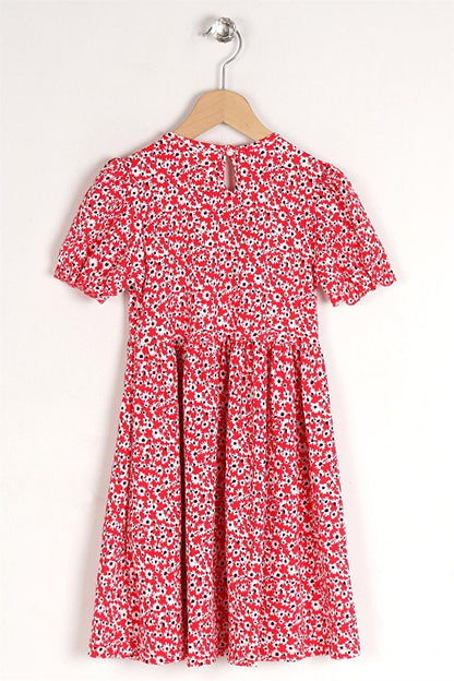 Girl's Floral Red Color Patterned Crew Neck Ribbon Detail Dress