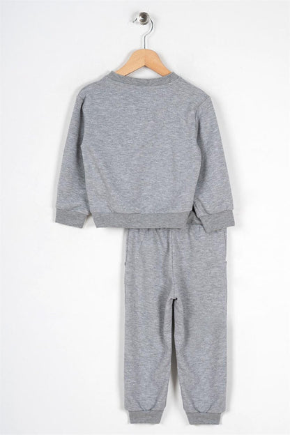 Boy's Gray Colored Teddy Bear Pocket Patched Tracksuit Set