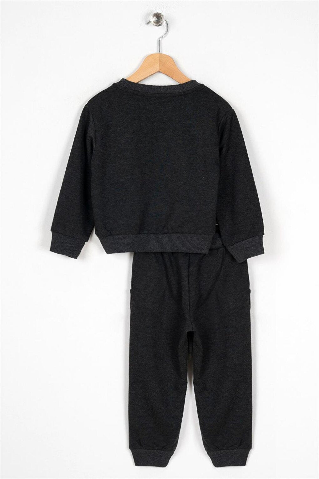 Boy's Black Colored Teddy Bear Pocket Patched Tracksuit Set