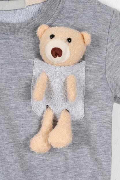 Boy's Gray Colored Teddy Bear Pocket Patched Tracksuit Set