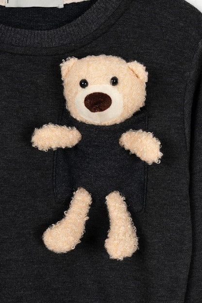 Boy's Black Colored Teddy Bear Pocket Patched Tracksuit Set