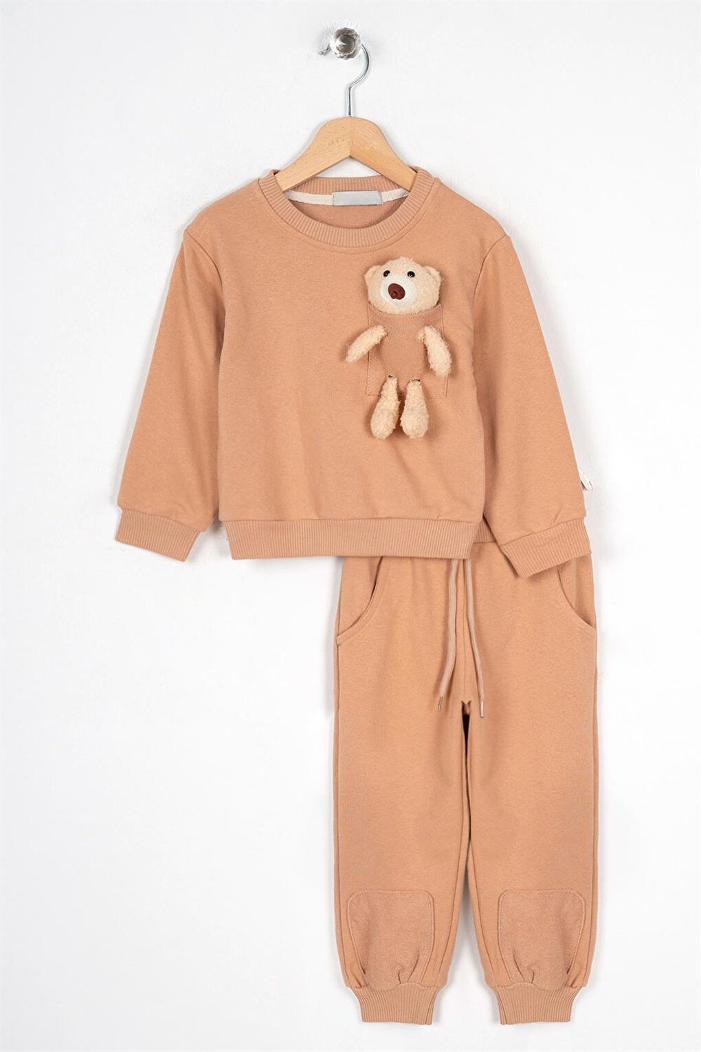 Boy's Beige Colored Teddy Bear Pocket Patched Tracksuit Set