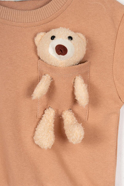 Boy's Beige Colored Teddy Bear Pocket Patched Tracksuit Set