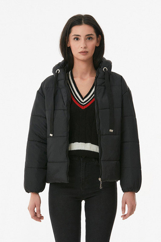 Hooded Puffer Coat with Elastic Waist