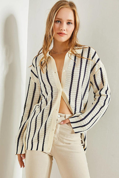 Women's Shirt Collar Long Sleeve Striped Cardigan