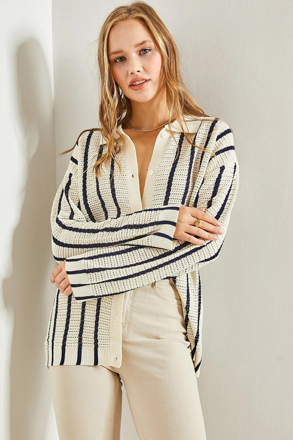 Women's Shirt Collar Long Sleeve Striped Cardigan