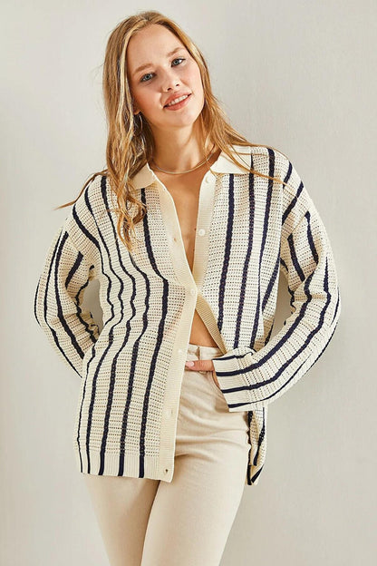 Women's Shirt Collar Long Sleeve Striped Cardigan