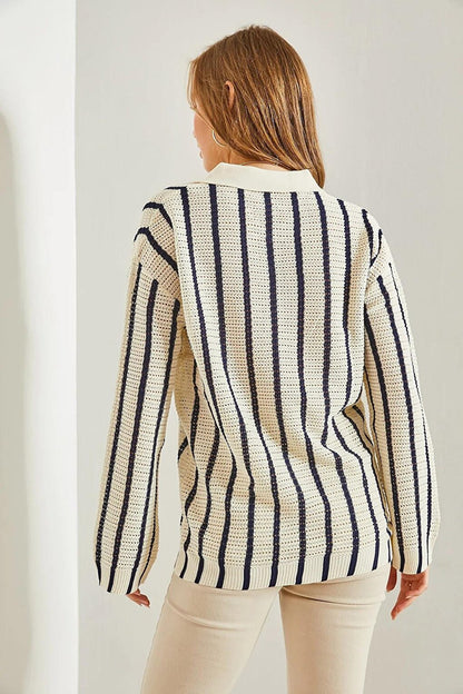 Women's Shirt Collar Long Sleeve Striped Cardigan