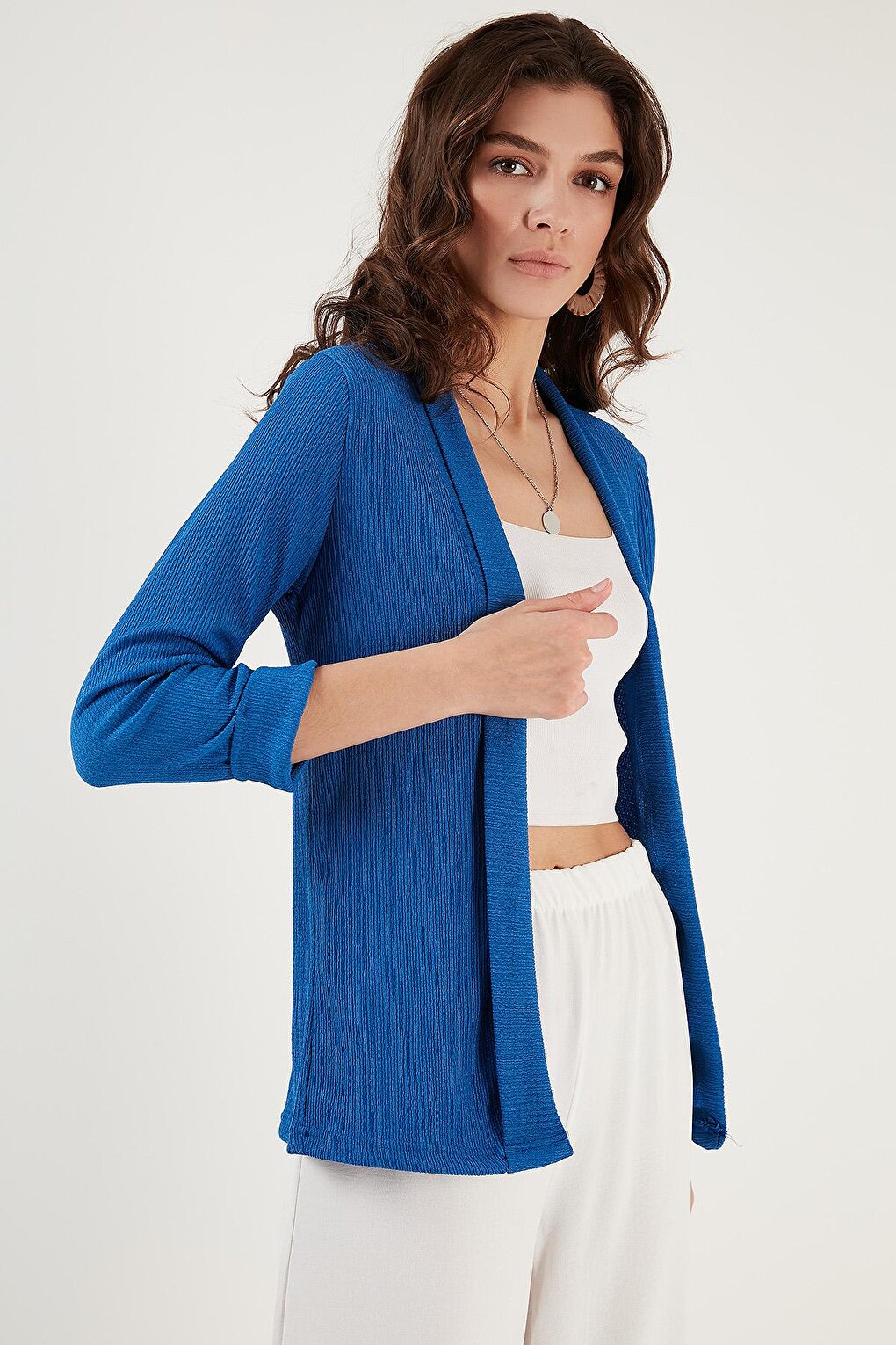 Seersucker Kimono Cardigan with Layered Collar and Sleeves 5864974