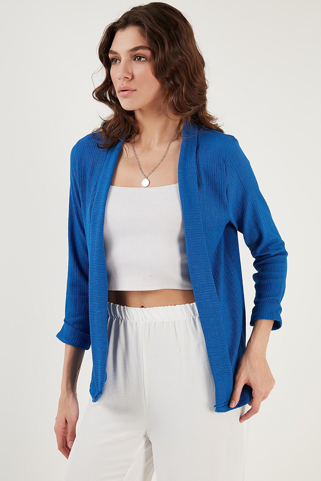 Seersucker Kimono Cardigan with Layered Collar and Sleeves 5864974