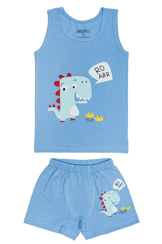 Boy's Patterned Printed Cotton Undershirt Shorts, Top and Bottom Set 83004