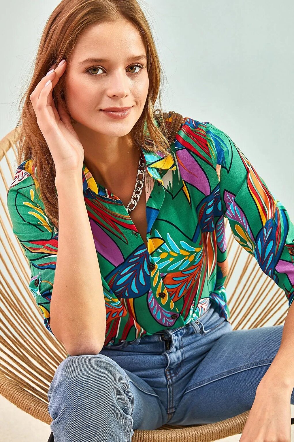 Women's Multi Leaf Patterned Sleeve Folded Viscose Shirt