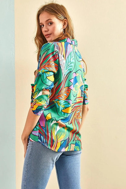 Women's Multi Leaf Patterned Sleeve Folded Viscose Shirt