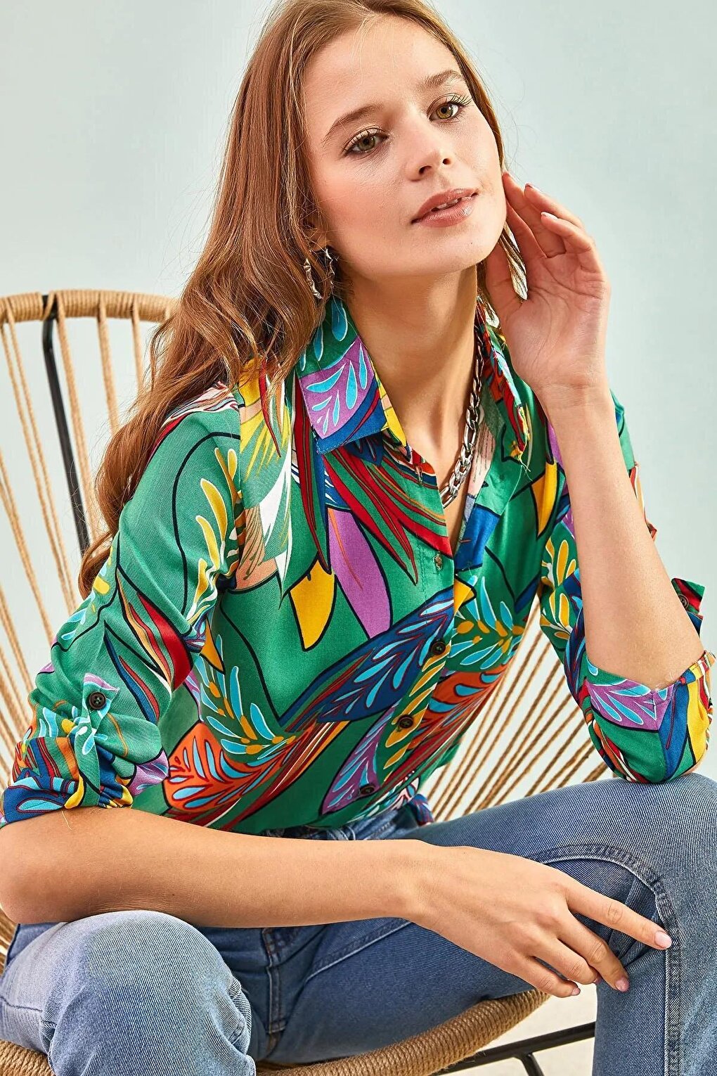 Women's Multi Leaf Patterned Sleeve Folded Viscose Shirt