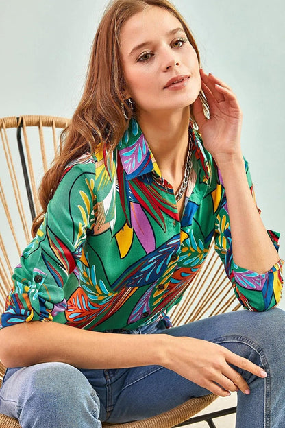 Women's Multi Leaf Patterned Sleeve Folded Viscose Shirt