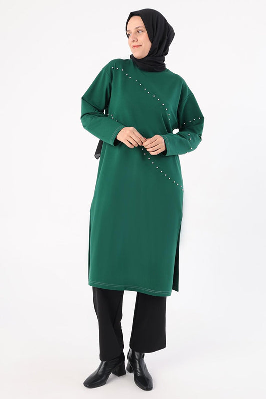 Emerald Green Pearled Long Sweat Tunic