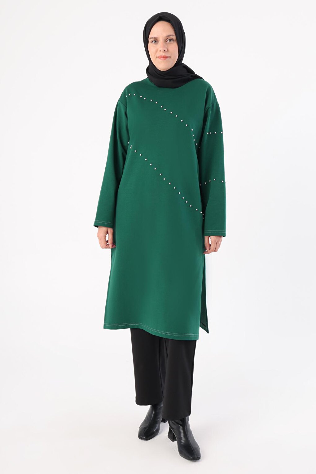 Emerald Green Pearled Long Sweat Tunic