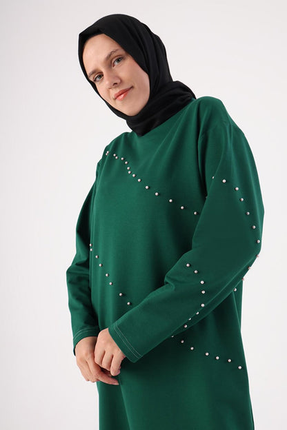 Emerald Green Pearled Long Sweat Tunic