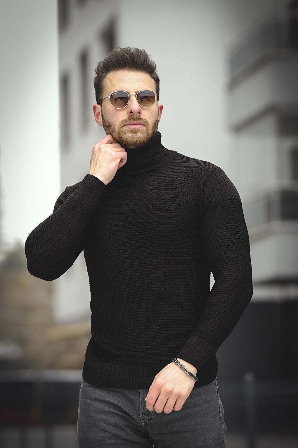 Striped Slim Fit Men's Turtleneck Sweater