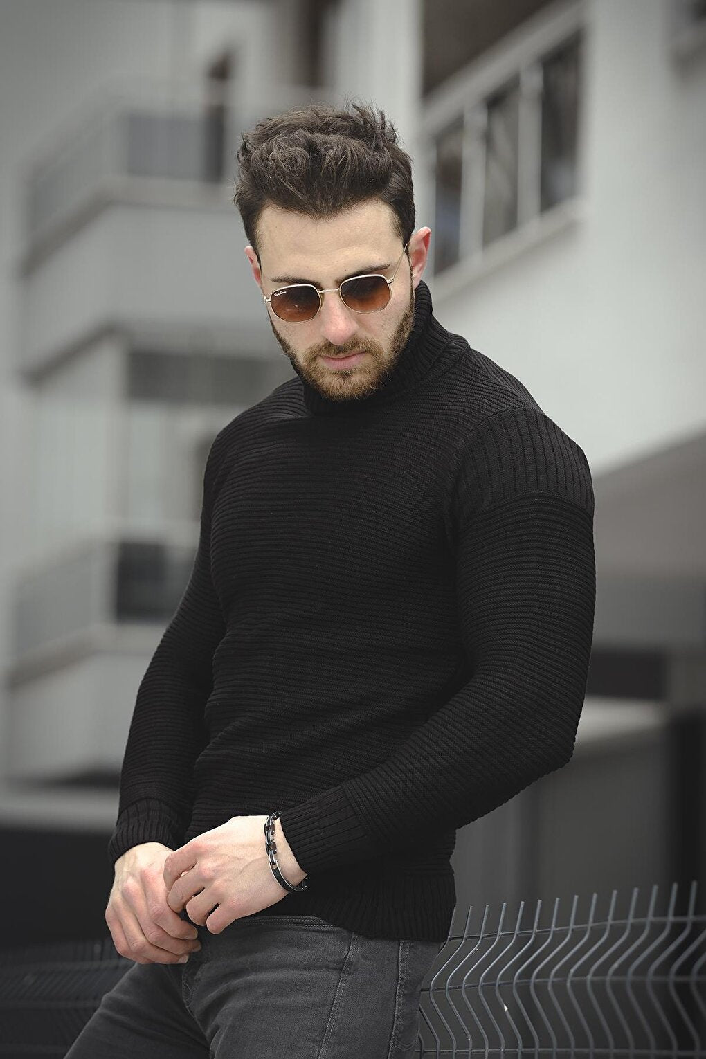 Striped Slim Fit Men's Turtleneck Sweater