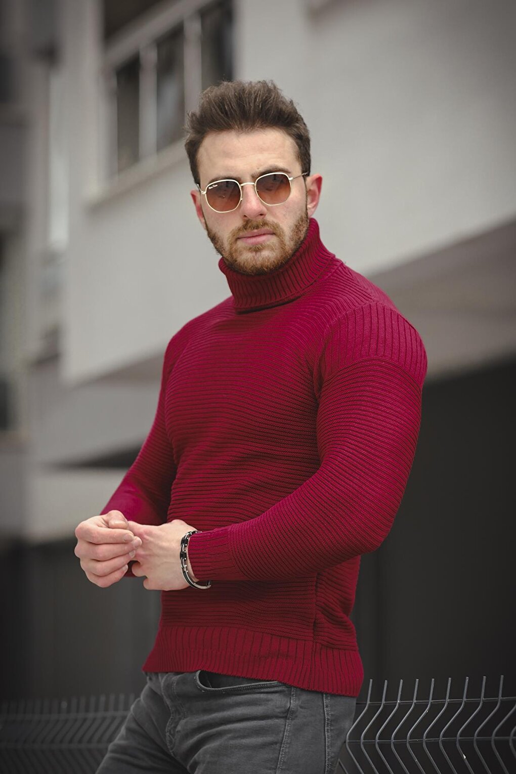 Striped Slim Fit Men's Turtleneck Sweater