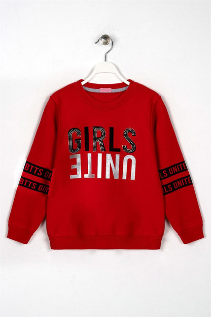 Girl's Red Colored Girls United Printed Stone Sweatshirt