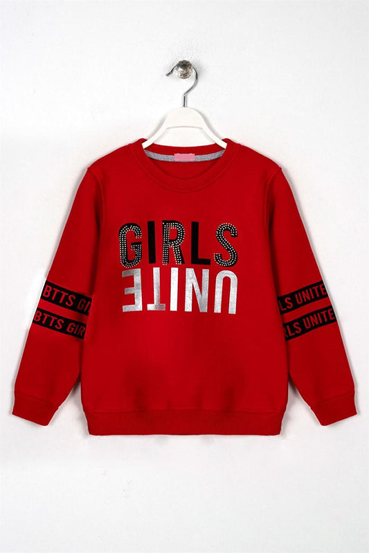 Girl's Red Colored Girls United Printed Stone Sweatshirt